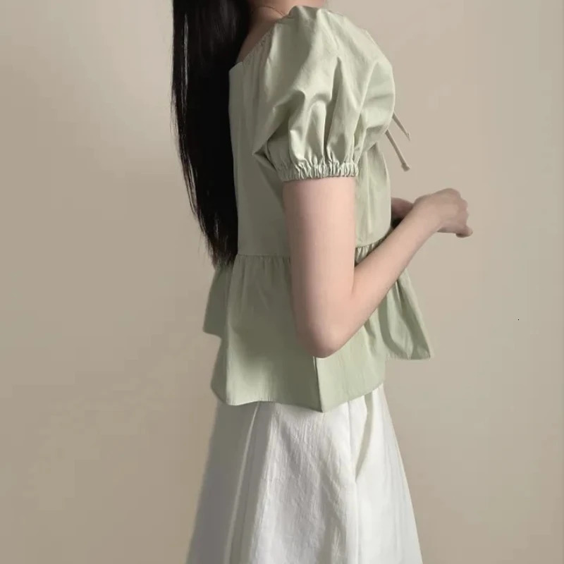 REALEFT Spring Summer Puff Sleeve Womens Bow Blouses Korean Style Solid Square Collar Casual Short Shirts Female 250514