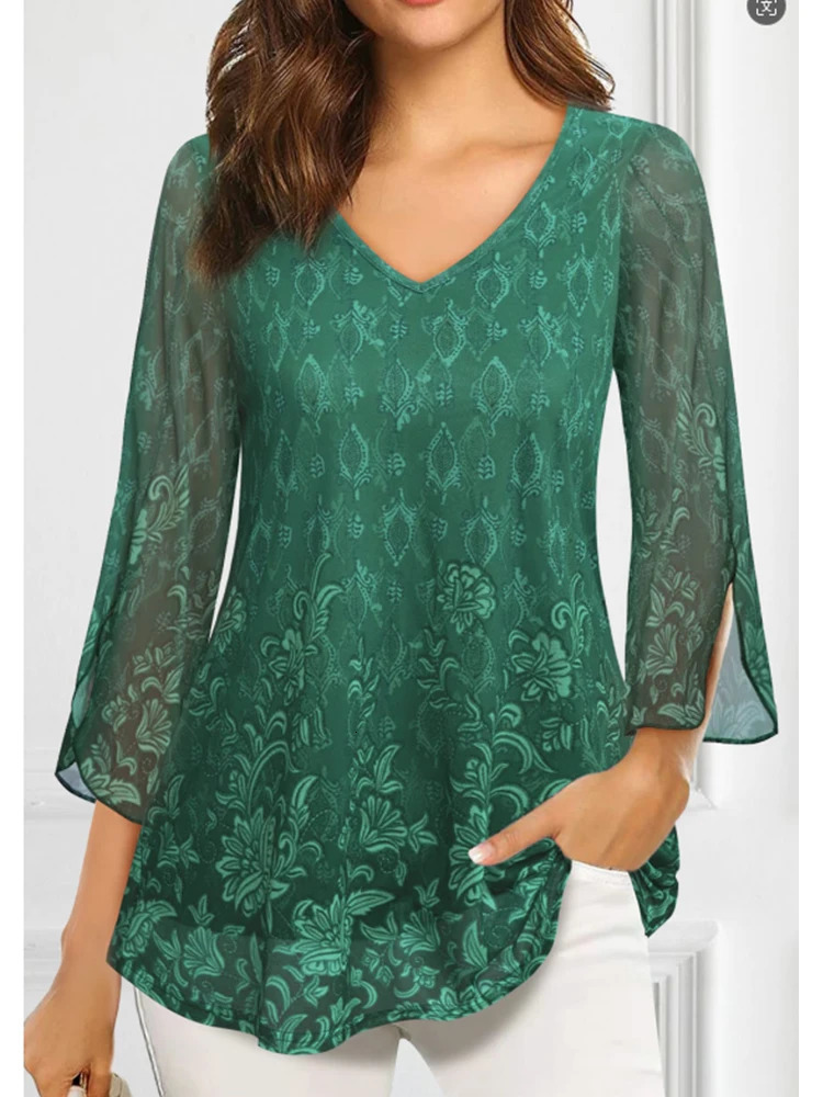 Womens Plus Size Shirt Dressy Green Ruffle 34 Sleeve V Neck Double Layer Mesh Loose Fit Flowy Tunic Blouse Elegant Vintage Top 250514