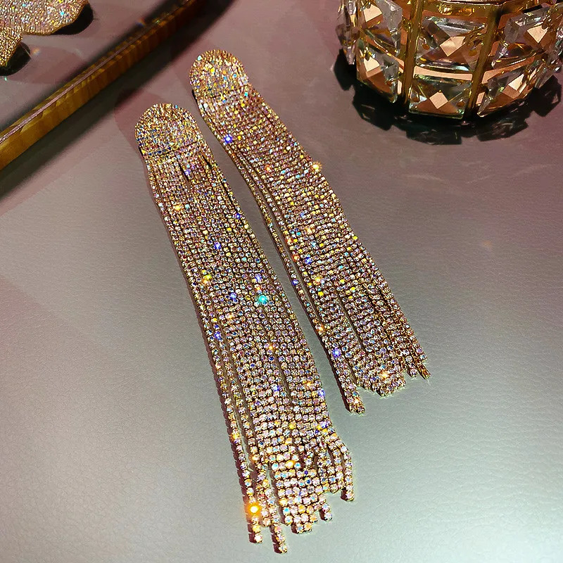 FYUAN Long Tassel Rhinestone Drop Earrings for Women Ovsize Crystal Dangle Earrings Fashion Jewelry 250513