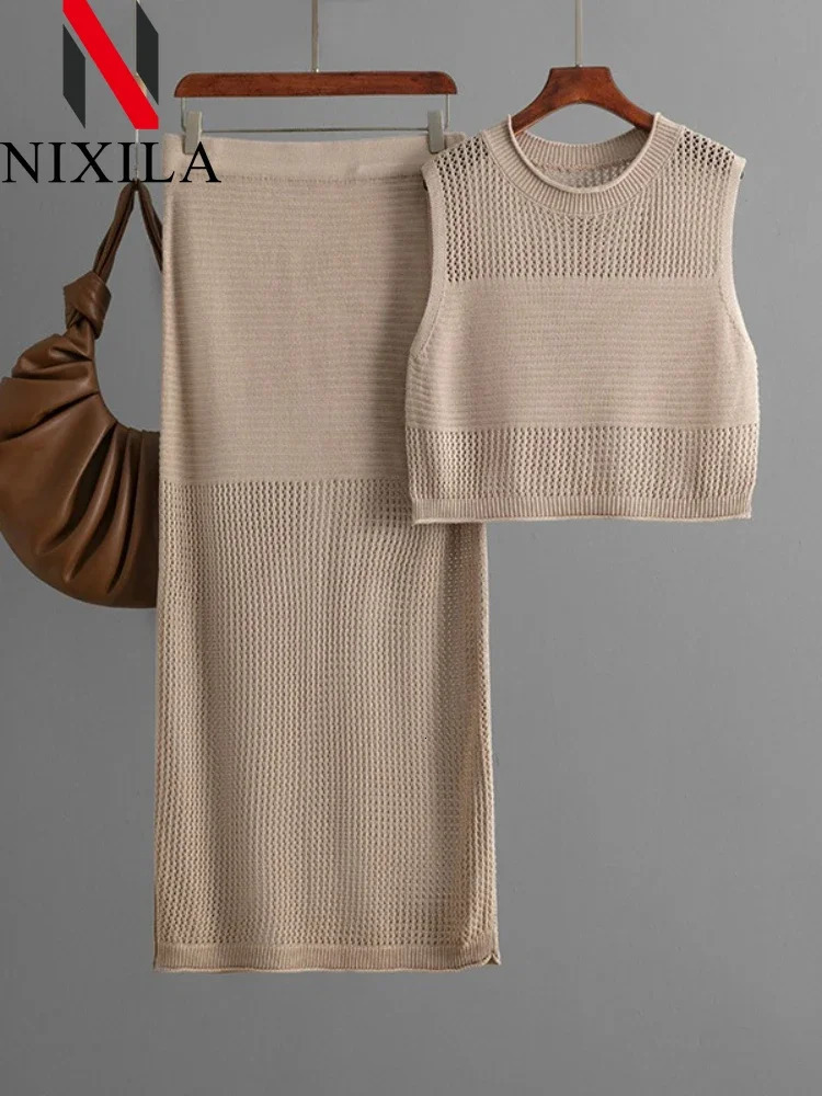 Spring Summer Hollow Out Beach Skirts Outfits for Women Knit Tank Tops with Slit Sexy Long Sets 2 Piece 250514