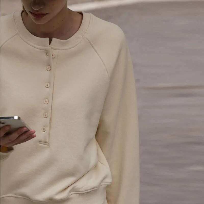 Street Style Cotton Fleece With Button Round Neck Casual Hoodie Women's Pullover Winter Fashion Ladies Tops Woman Cloth Designer