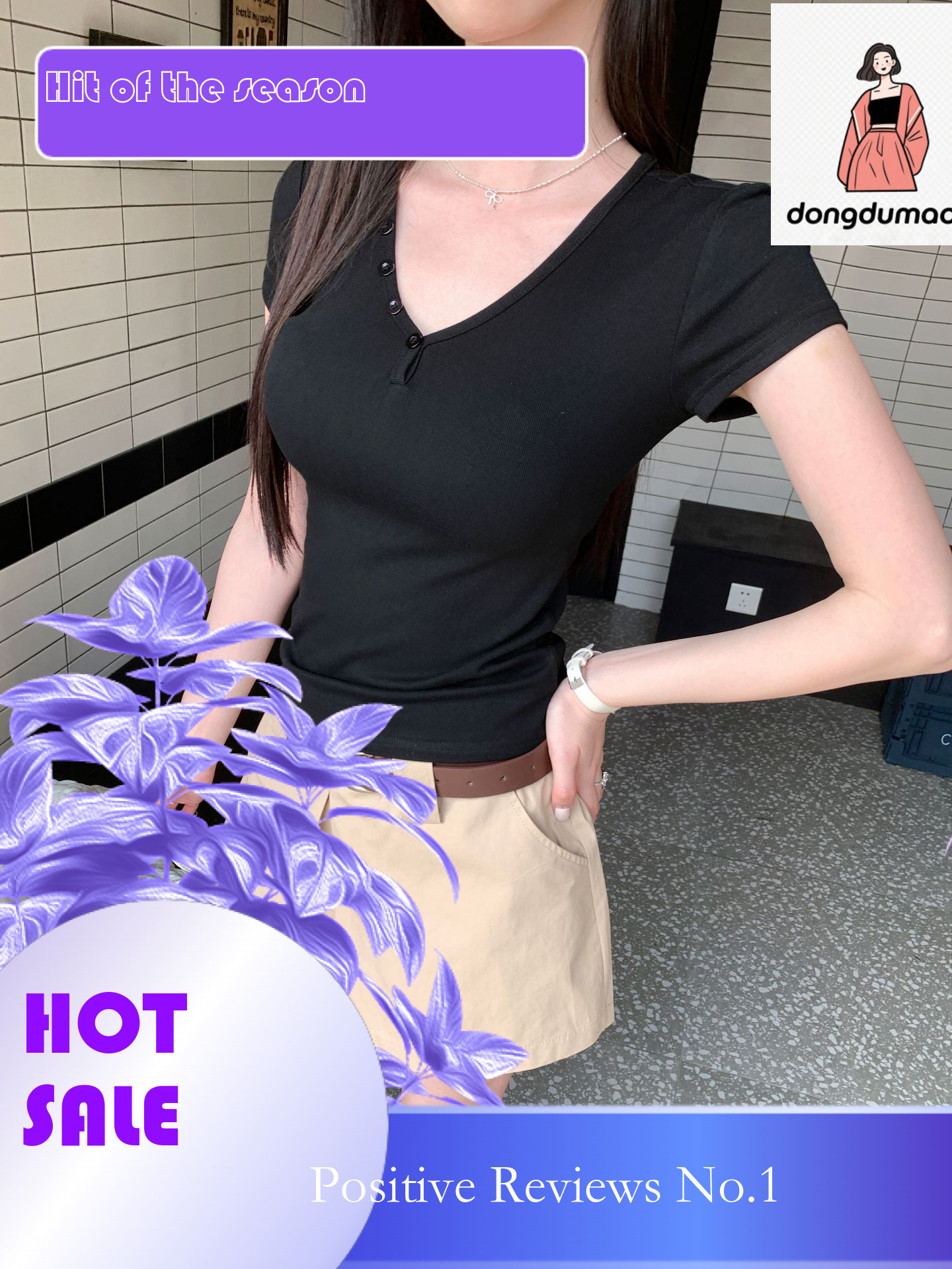 dongdumaoyi V-neck shoulder short sleeved T-shirt for women in summer 2025, new slim fit design, button up American tight fitting hot girl top