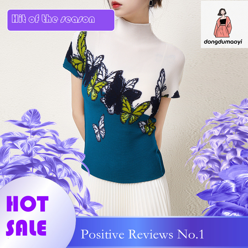 dongdumaoyi Wrinkle suit small shirt top fashionable design sense niche Miyake T-shirt printed pleated skirt two-piece set