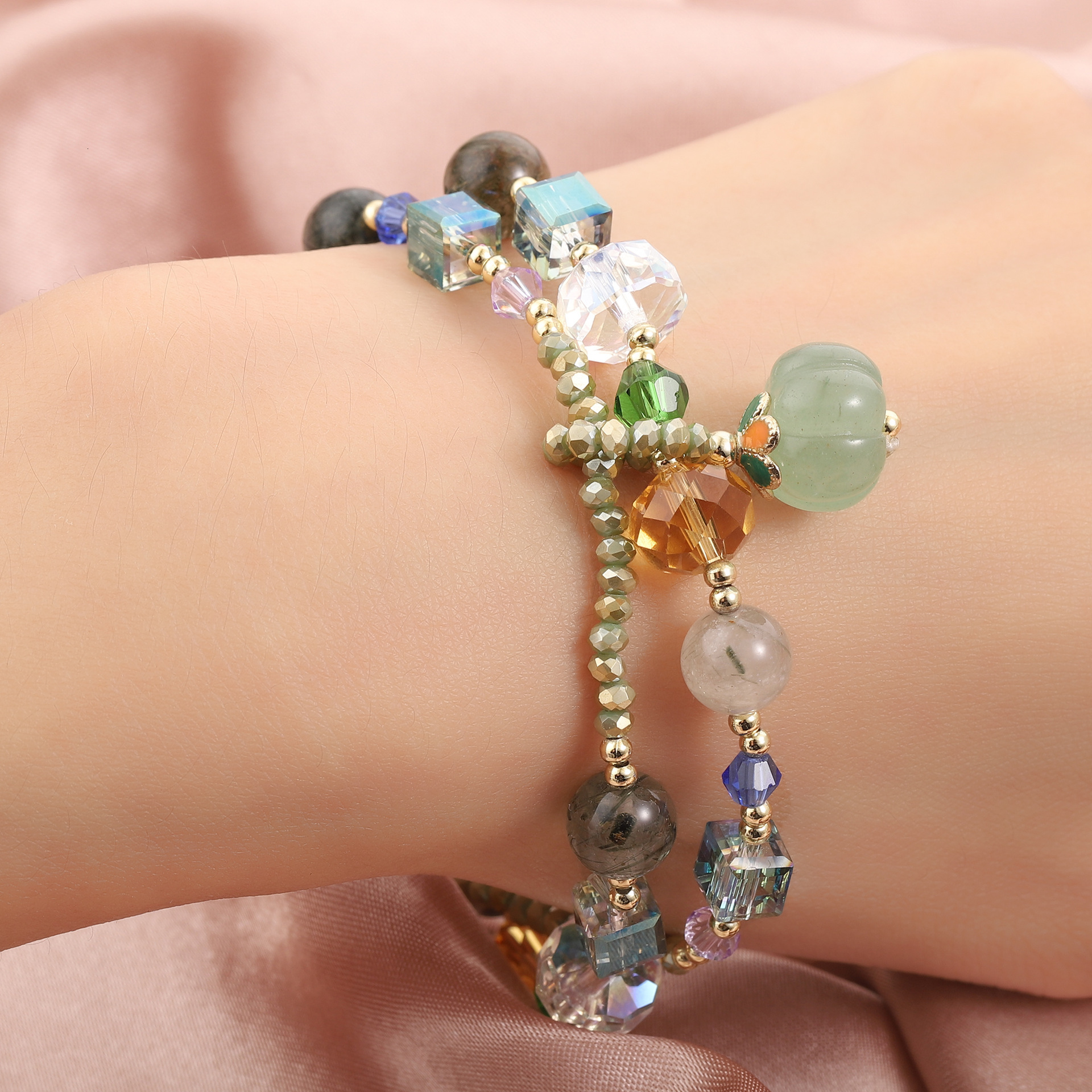 Natural countryside style green color hair bracelet, women's personality simple pumpkin pendant, square sugar crystal double circle jewelry