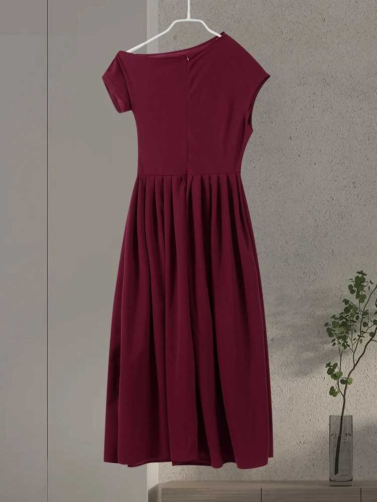 Elegant Long Dress Women Loose Skew Collar Sleeveless A Line Robe Female 2025 Spring Summer Solid Fashion High Waist Dress LadyXJ250514