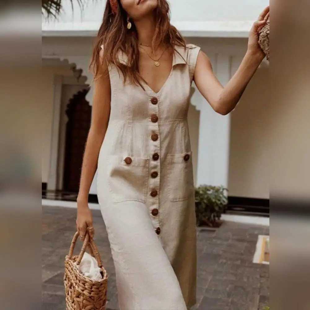 M XL Cotton Linen Tank Dress For Women 2024 Summer Casual Loose Beach Sundress Midi Skirt Female Holiday Maxi DressXJ250514