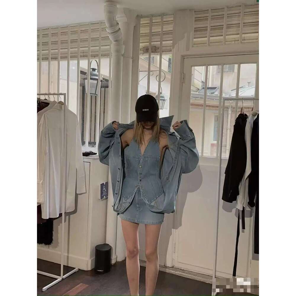 Getspring Women Jacket 2025 Spring Fashion Three Ways Wearing Halter Denim Coat Irregular Loose Casual Long Blue Jean Tops