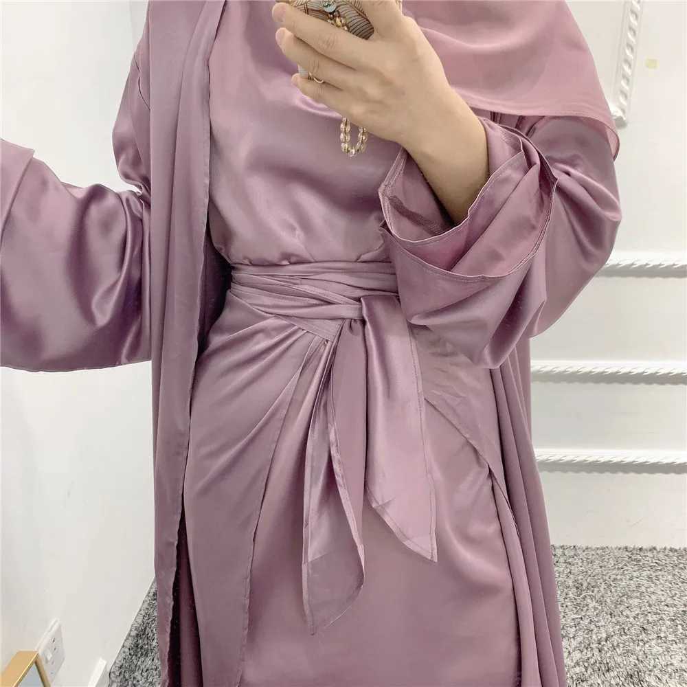 Muslim Women Open Abaya Satin 3/4 Piece Suits Arabic Turkish Party Evening Outfits Kimono+Wrap+Dress Set Islamic Caftan Vestidos X250514