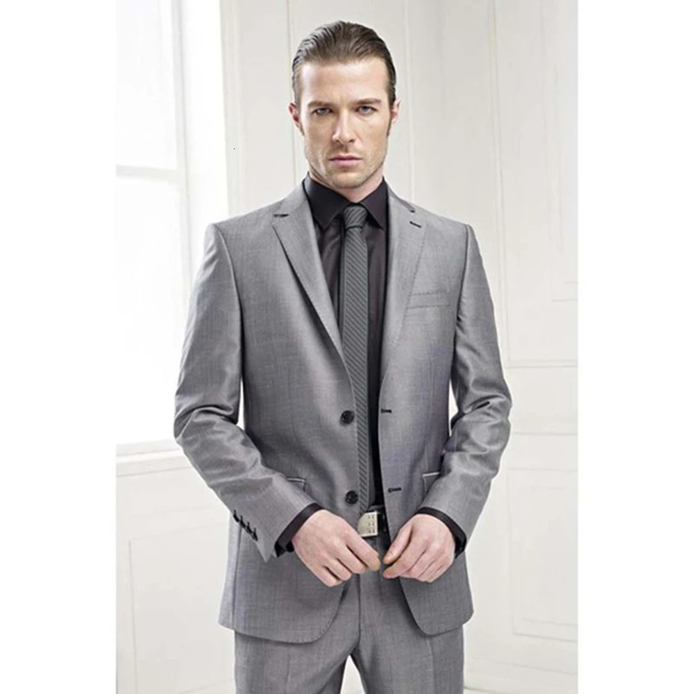 Formal Gray Mens 2 Pieces Suit Two Buttons Notch Lapel Jacket and Trousers Set for Wedding Business 250506