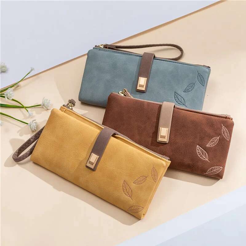 Women Wallet Fashion Long Design Retro PU Leather Credit Card Holder Frosted Leaf Print Buckle Zip Purse Female Handbag Wallets