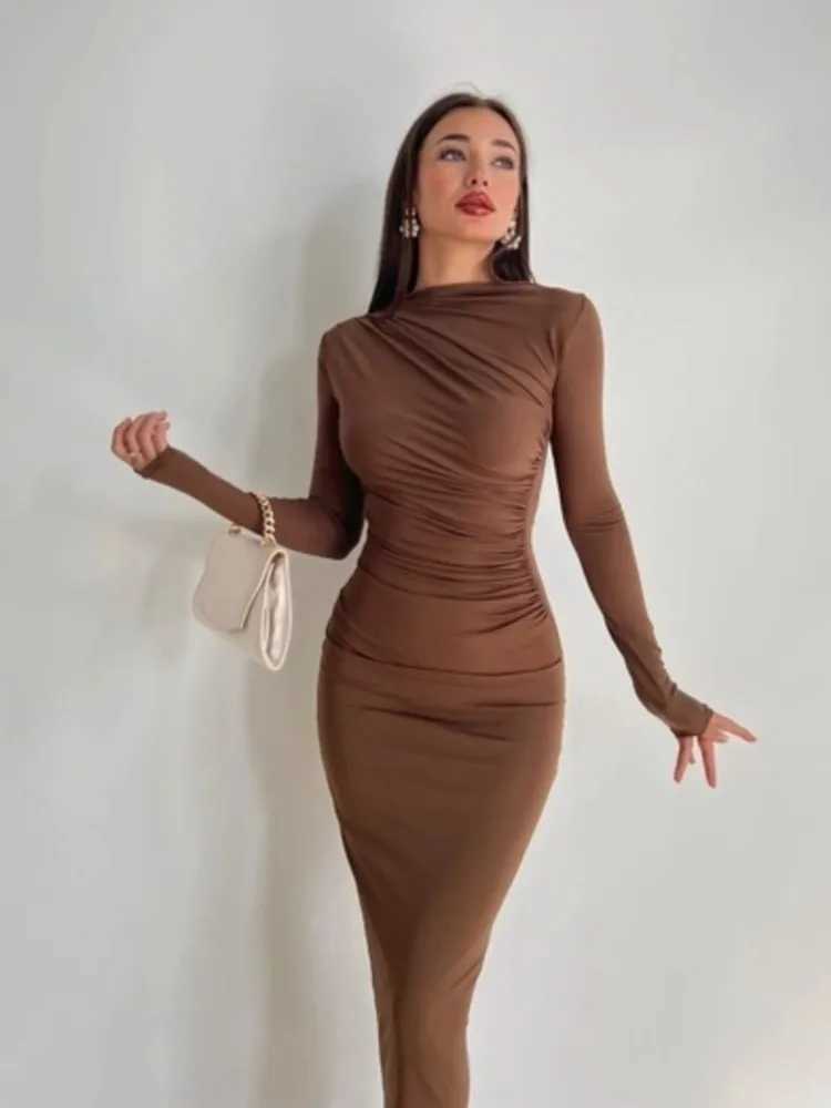 Y2k Solid Color Bodycon Party Long Dress Long Sleeve Package Hip Slim Folds Maxi Dresses For Women Elegant Dresses For WomenXJ250514