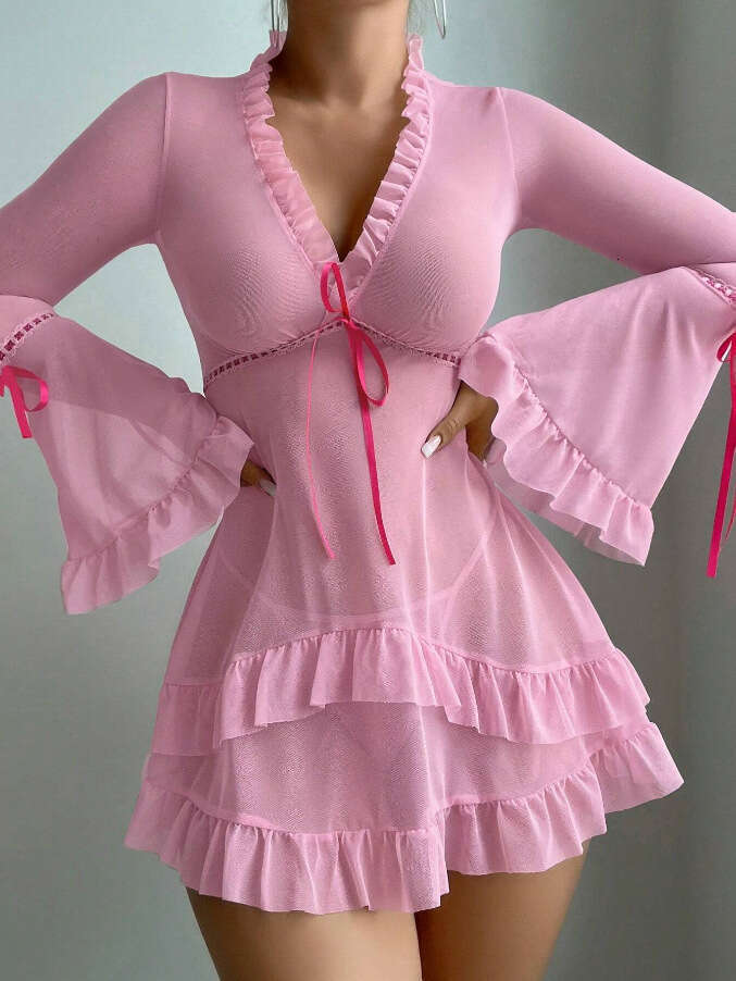 Sexy Lace Lingerie New Lingerie Sexy Women S Lace Mesh Spotted Skirt Nightgown Pajama Set KQ