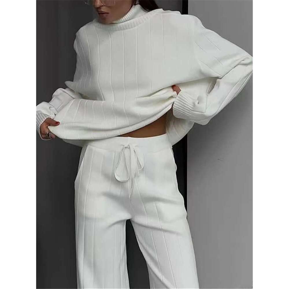 REALEFT Autumn Winter 2 Pieces White Women's Sets Knitted Tracksuit Turtleneck Sweater And Straight Jogging Pant Suits 2023 New