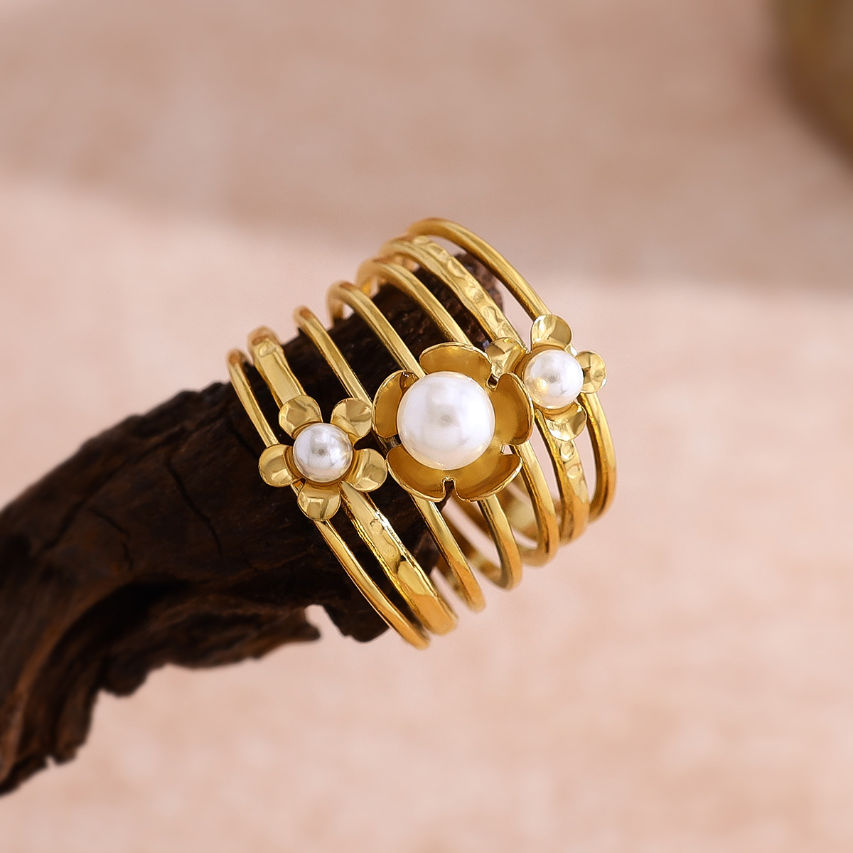 Multi-Layer Turquoise Stone Gold-Plated Adjustable Ring with Pearls, Chic and Elegant Open Design, Wholesale Fashion Jewelry