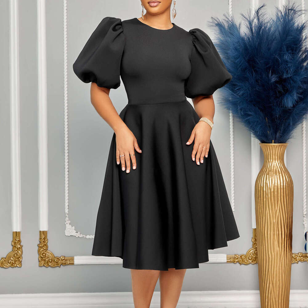 Women's Wear Women's Wear Round Necked Elegant Bubble Sleeves With Waistband And Large Hem Formal A-Line Dress