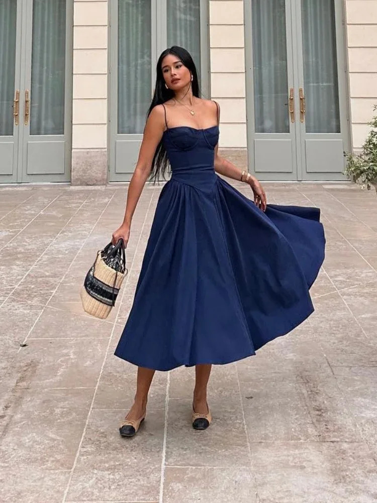 Suninheart Elegant Spaghetti Strap Midi Dress Slim A Line Party Dresses Navy Blue Casual Birthday Holiday Womens clothing 250514
