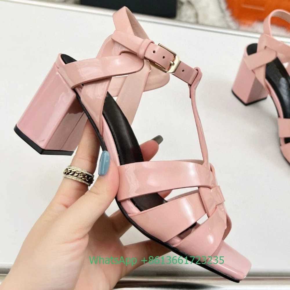 Cross Straps Square Toe Chunky Heel Sandals Solid Color Open Toe Real Patent Leather 6.5Cm Heels 2025 Newest Summer Sandals W250514