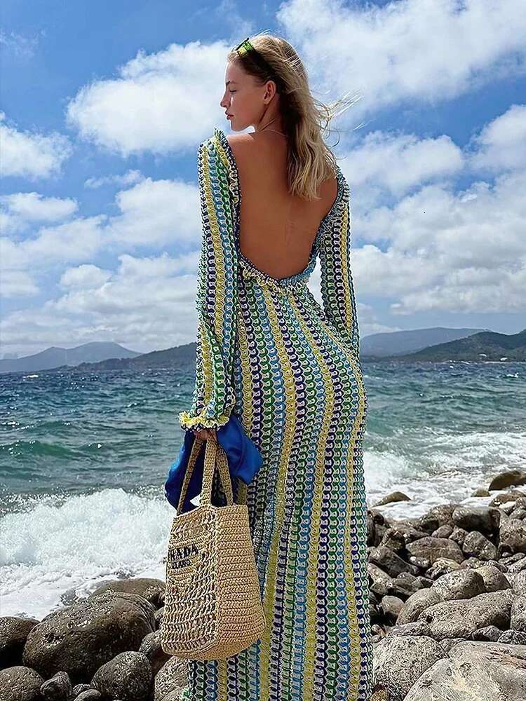 Sexy Backless Flare Sleeve Lace Knit Cut Out Party Beach Maxi Dress 2025 Summer Women Vacation Beachwear Swimsuit Cover Up A2815