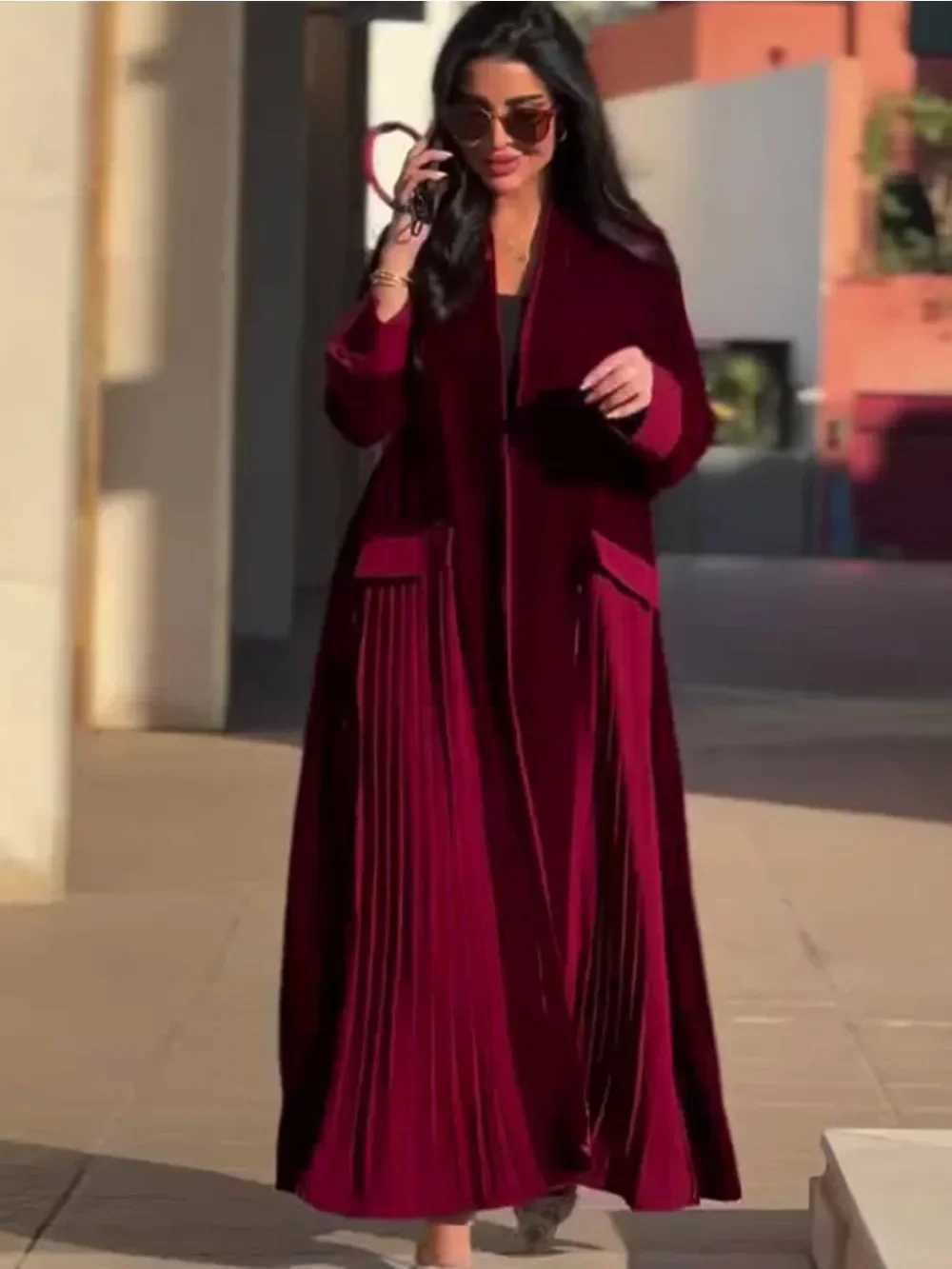 Muslim Women abaya velvet pleated Trench Coat Ramadan Eid Morocco Cardigan Overcoat Folds Long Outerwear Saudi Arab Windbreaker X250514