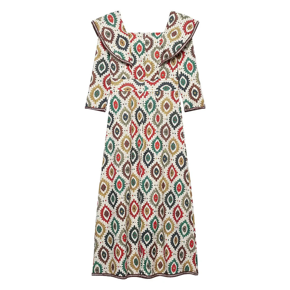 SpringSummer Product Womens Clothing Ethnic Style Printed Dress Temperament Lotus Neck High Waist Line 250514