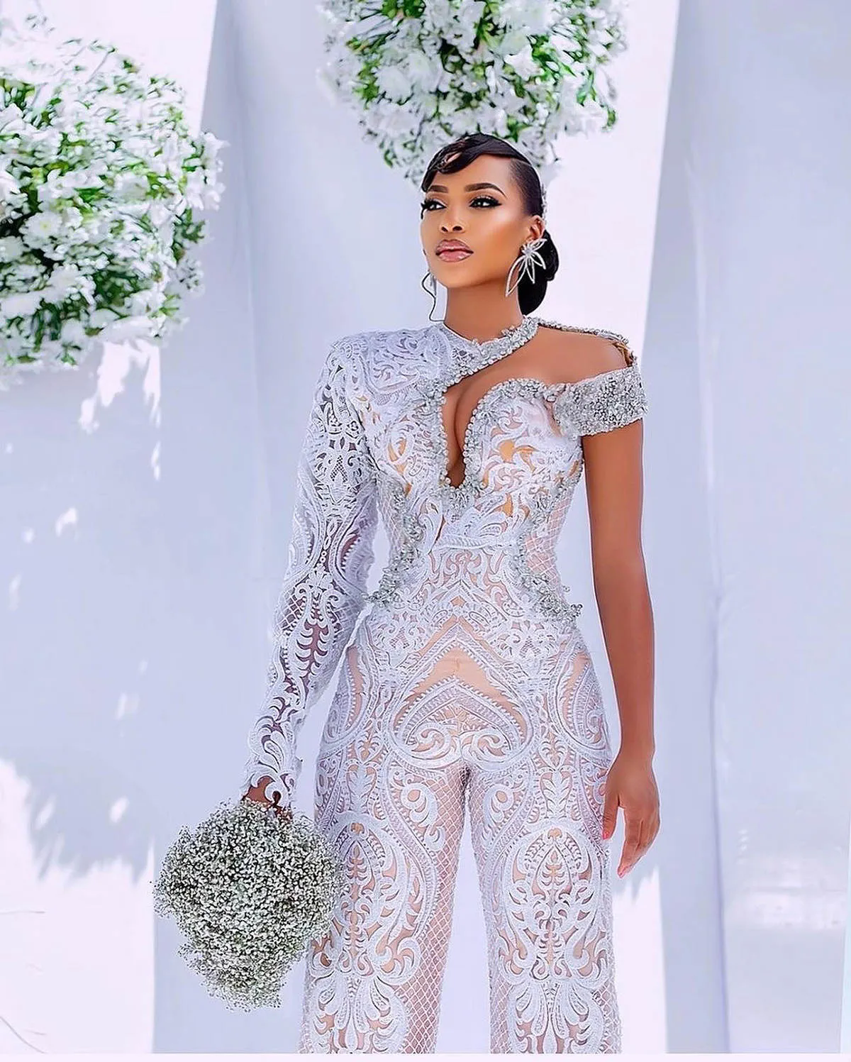 White Country Wedding Jumpsuits Dress One Shoulder Beading Bridal Gowns Lace Long Sleeve Elegant Birde Dresses
