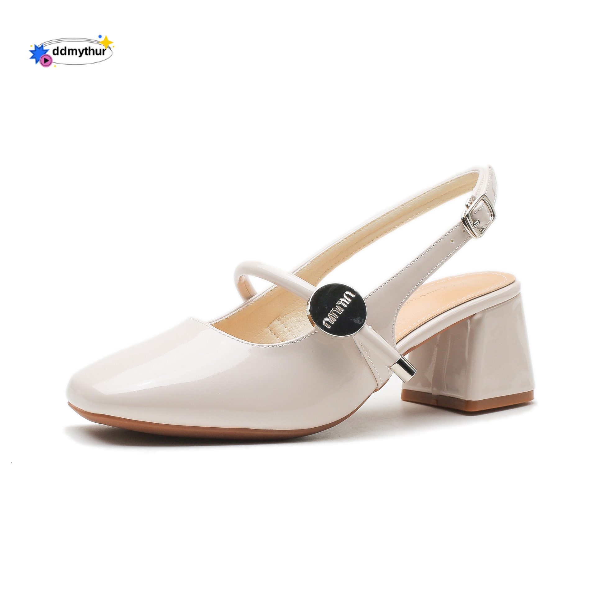 6CM genuine leather toe cap sandals for women, Mary Jane fairy summer mid French style flat strap with thick heel and empty sole at the back ddmythur