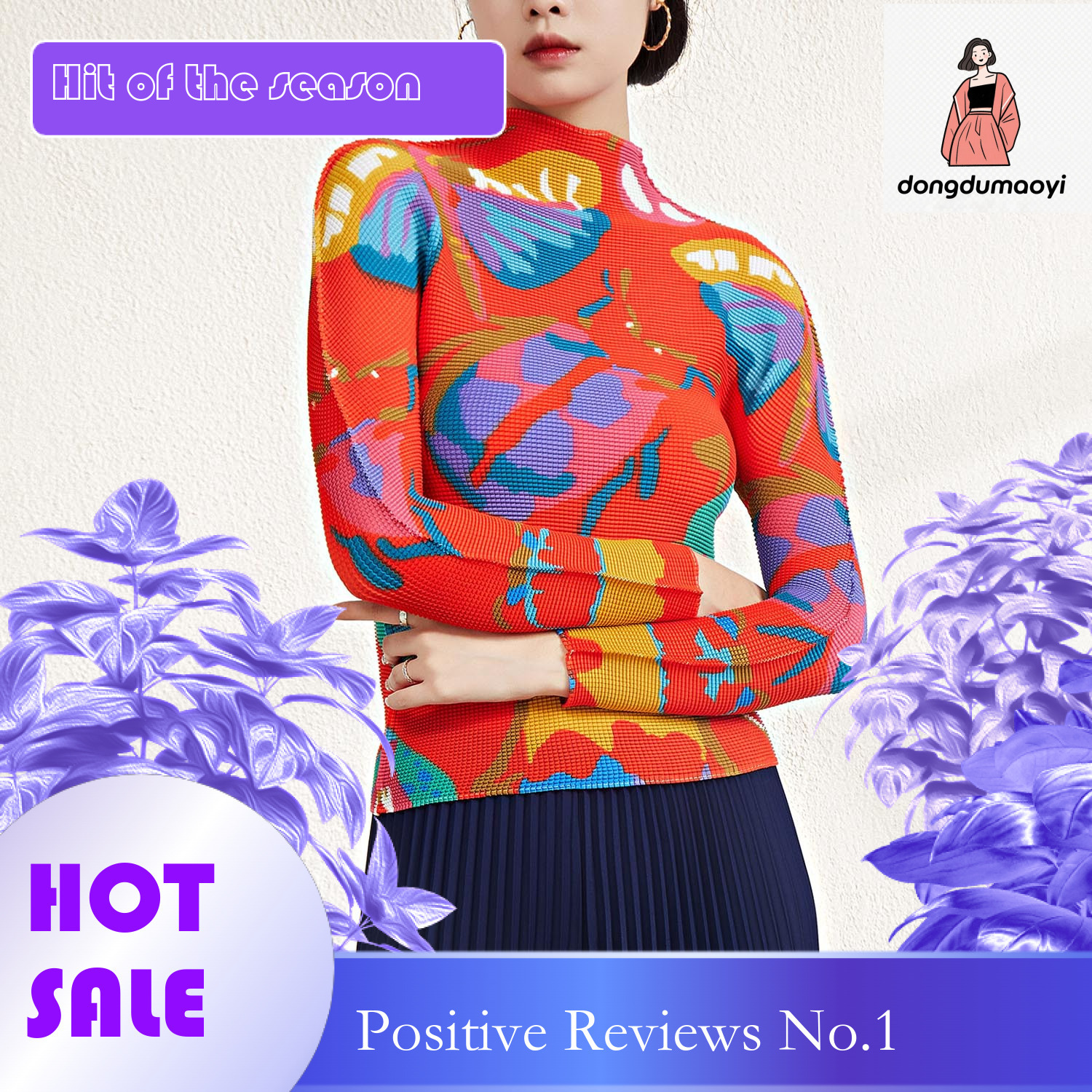 dongdumaoyi Counter quality pleated top women's spring new long sleeved color blocked slim fit and slimming temperament versatile elastic T-shirt