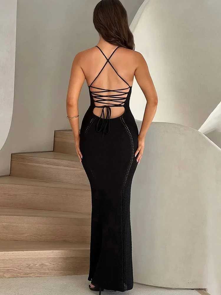 BWQ Puss Knit Elegant Dress Women Sleeveless Backless Cross Bandage Stretch Simple Sexy Birthday Party Clubwear Slim DressesXJ250514