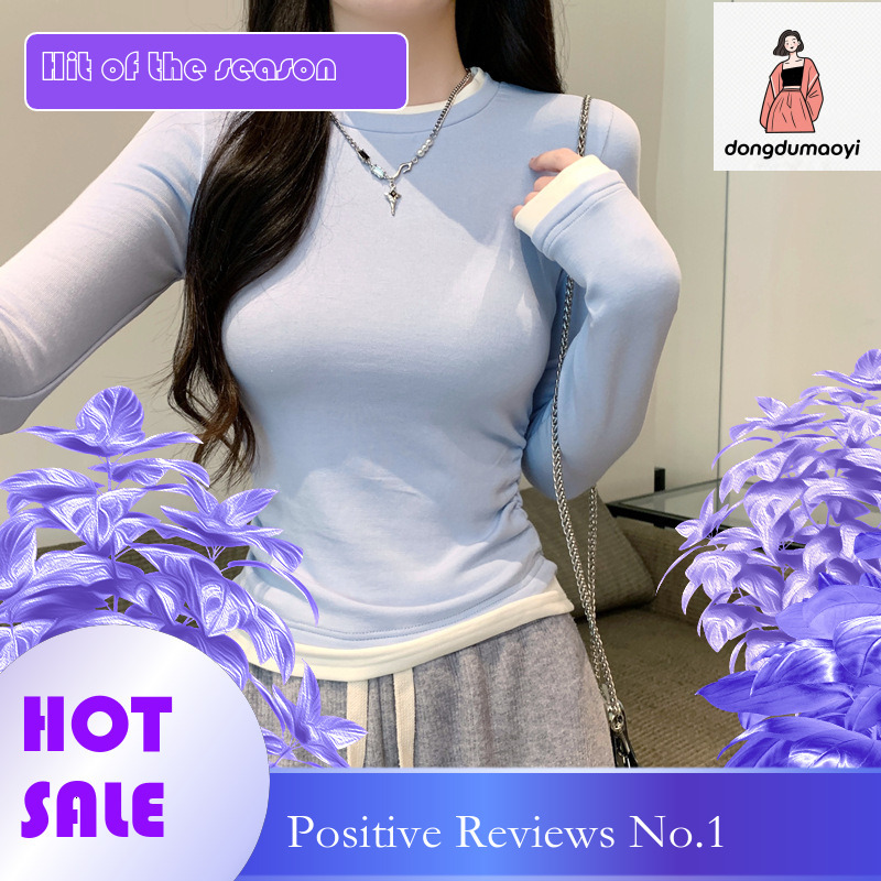 dongdumaoyi 2024 round neck fake two piece T-shirt long sleeved early autumn design sense niche pullover top with bottom layer for women's clothi