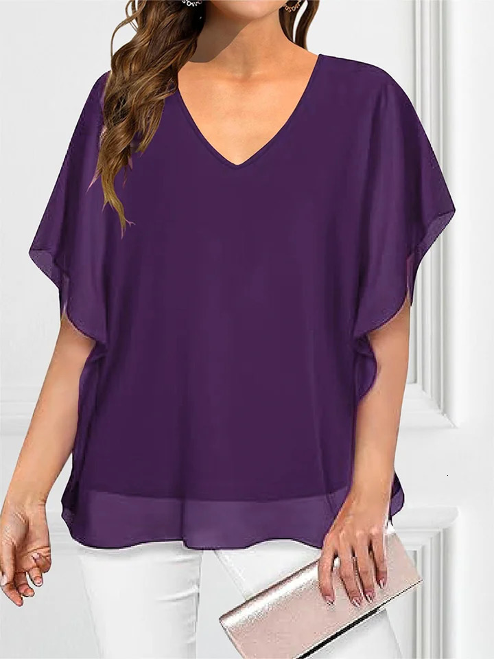 Plus Size Blouse Shirts Womens Tops Blouses Summer Batwing Sleeve Vneck Purple Shirt Elegant Clothing 250514