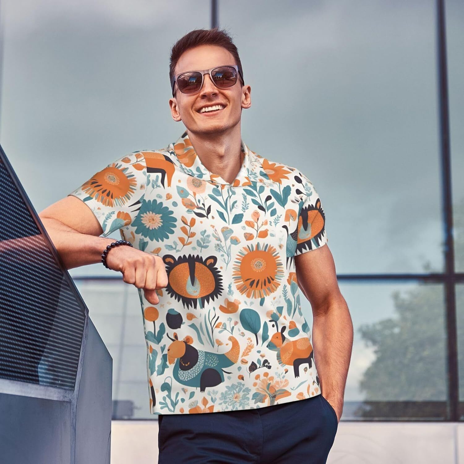 Mens Polo shirt Cute Floral Animal Pattern Mens Short Sleeve Polo Shirt, Performance Quick Dry Collared Shirt for Golf and Casual