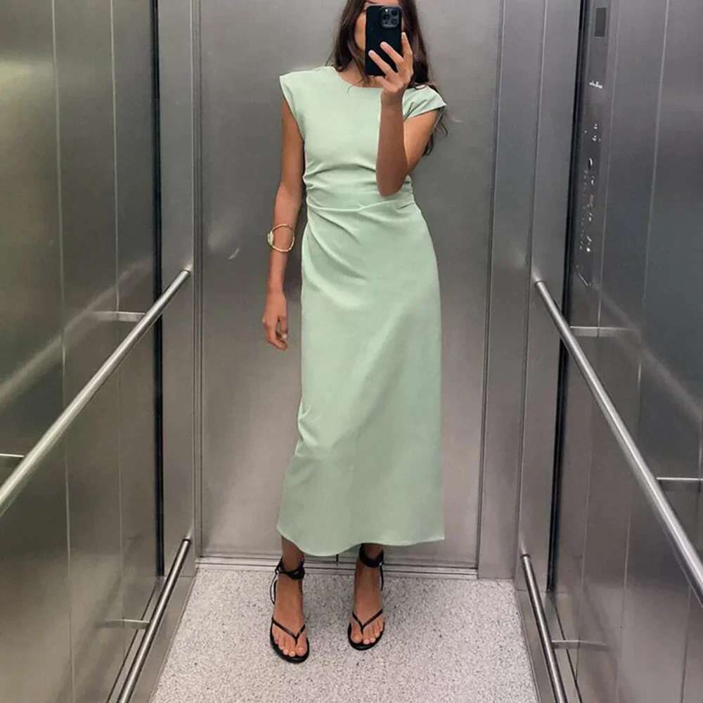 PRINTKAOIR Ruched Long For Women Bodycon Sleeveless Midi Woman Back Zipper Summer Dress Elegant Party Dresses
