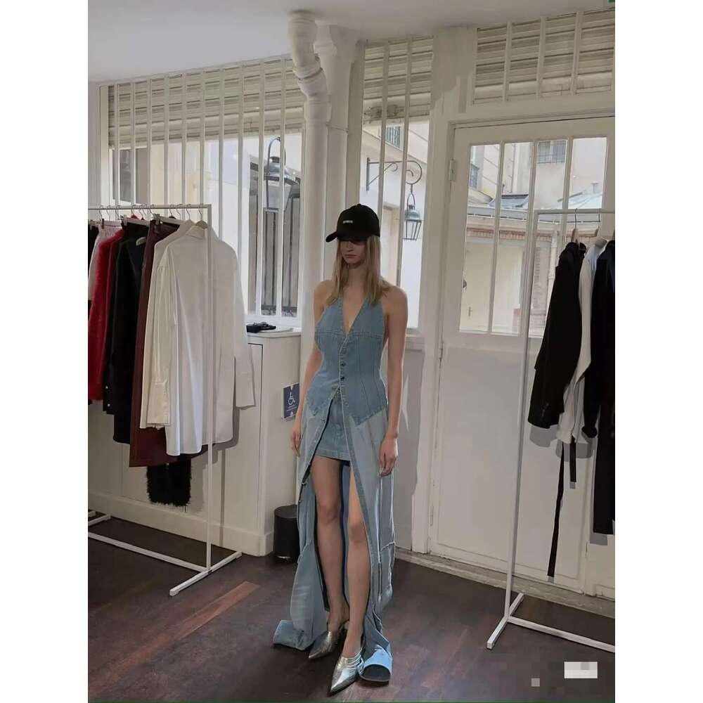 Getspring Women Jacket 2025 Spring Fashion Three Ways Wearing Halter Denim Coat Irregular Loose Casual Long Blue Jean Tops