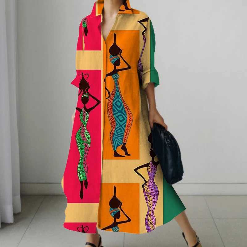 2023 Autumn New Printed Retro Skinny Dress Womens Senior Loose Casual Straight Long Novelty Mudman Printed Colorful Shirt DressXJ250514