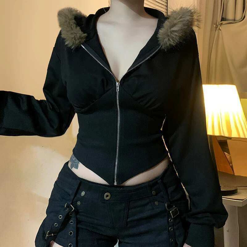BIIKPIIK Fur Collar Hooded Women Coats Casual Zipper Slim Hoodies Simple All-Match Black Haruku Coat Autumn Winter Sweatshirts Designer
