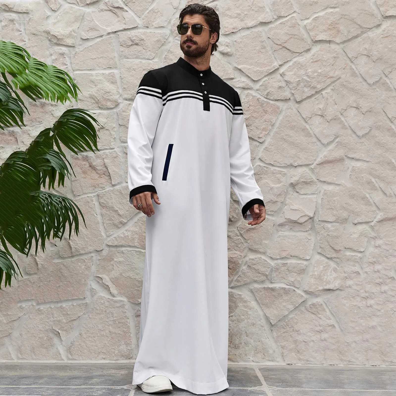 2025 Muslim Robe Comfortable Men Caftan Long Sleeve Contrast Color Muslim Clothing Mandarin Neck Muslim Robe for Middle East X250514