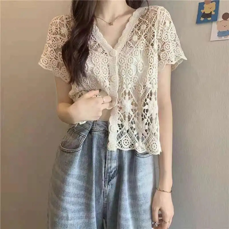 Sheer Crochet Top Button Front VNeck Short Sleeve Openknit y Blouse Women Summer Boho Vacation Outfit 250514