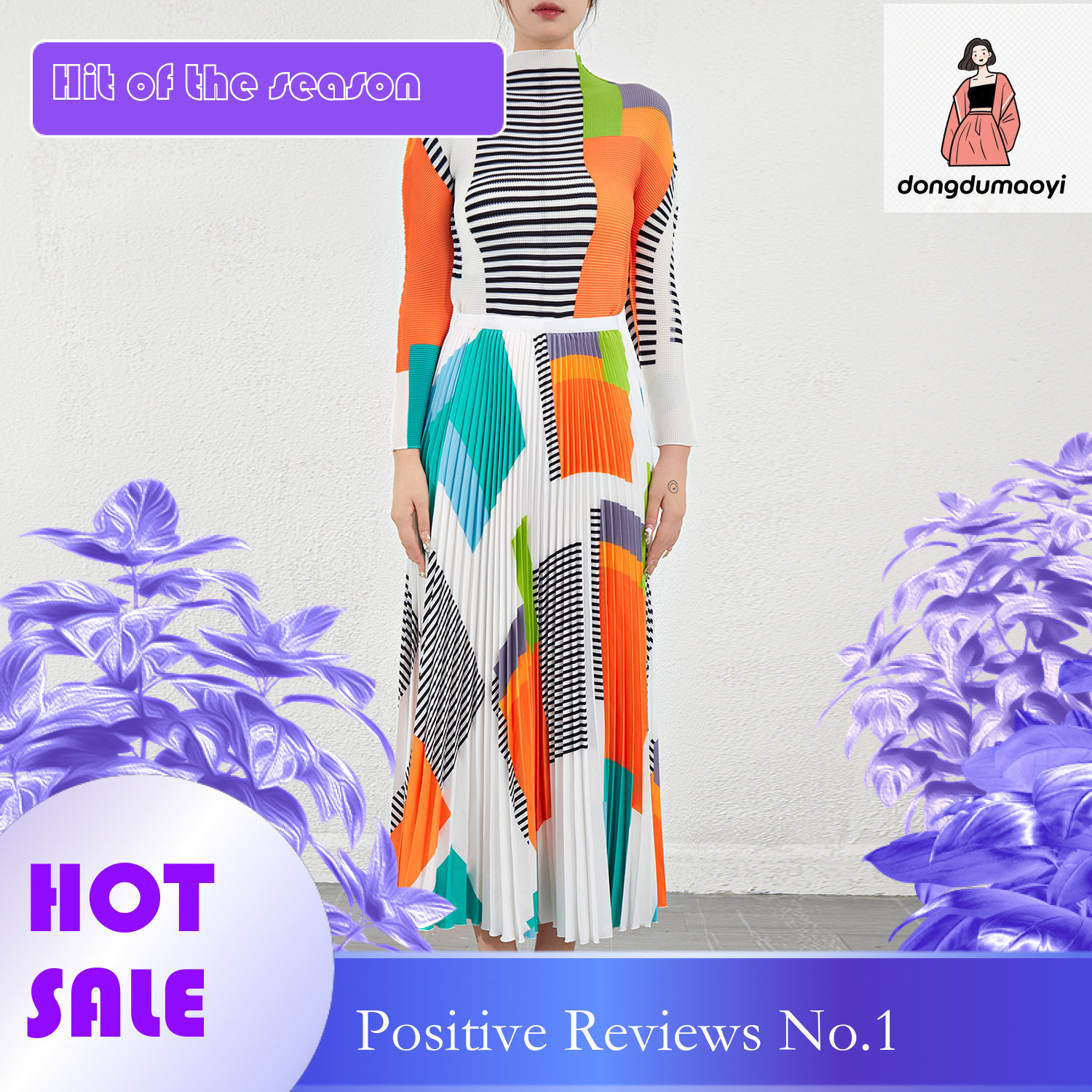 dongdumaoyi Spring and Autumn Fashion Folded T-shirt High Collar Half Skirt Women's Two Piece Set Ins