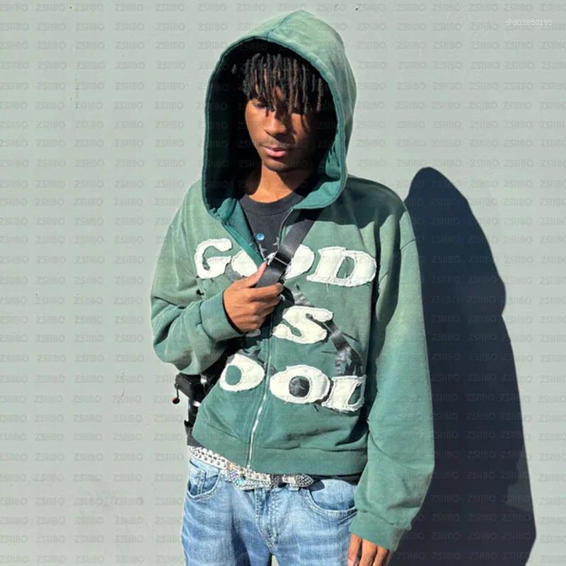 Mens Hoodies Gothic High Street Letter God Is Good Embroidered Zipper Hoodie Hooded Jacket Harajuku Hip-hop Casual Top