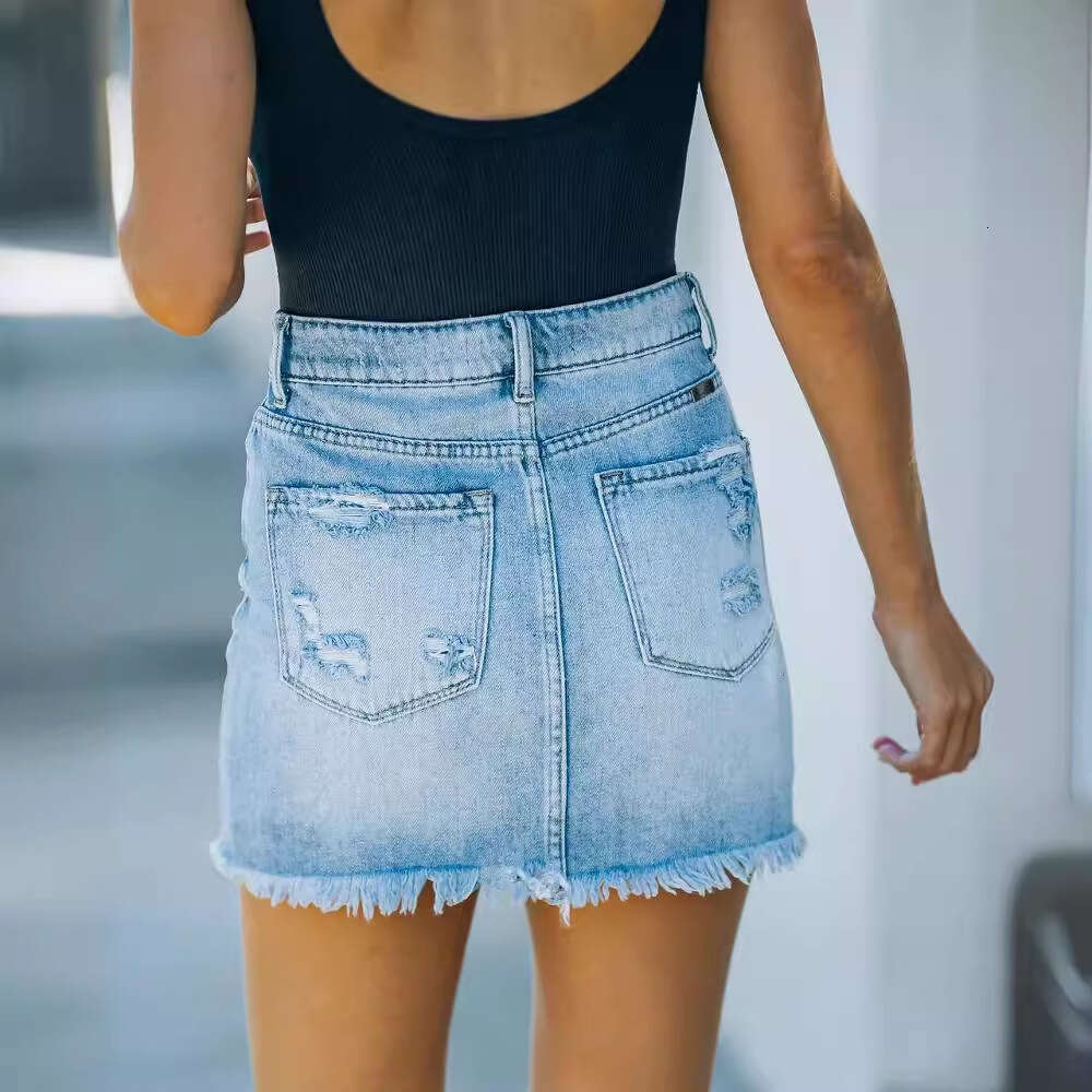 Goth Dress Party Dresses for Women Designer Dress Vestidos June 2025 Summer Netizens Same High Waist Perforated Half with Washed Raw Edge Denim Wrap H