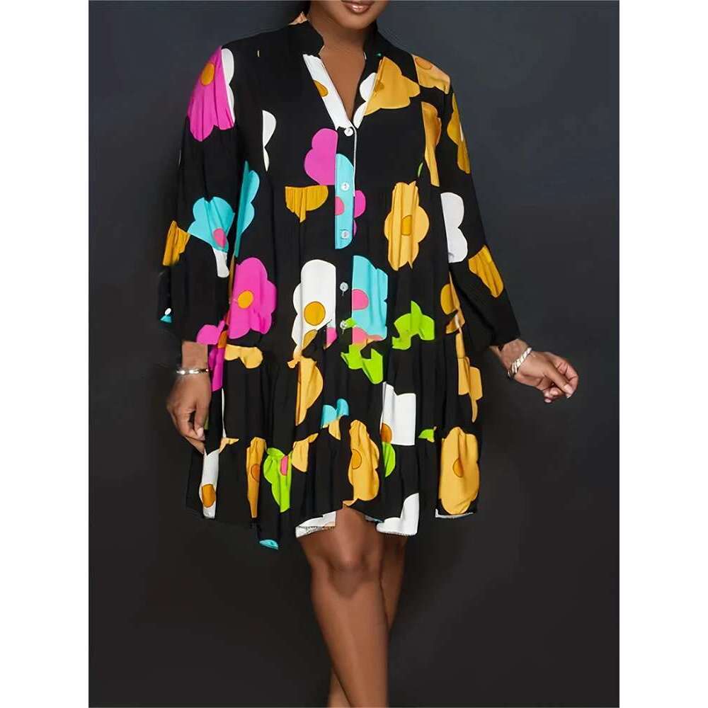 Plus Size Autumn New Floral Printed Women's Casual Loose Button Fashion Streetwear Polyester V-Neck Pleated Dresses