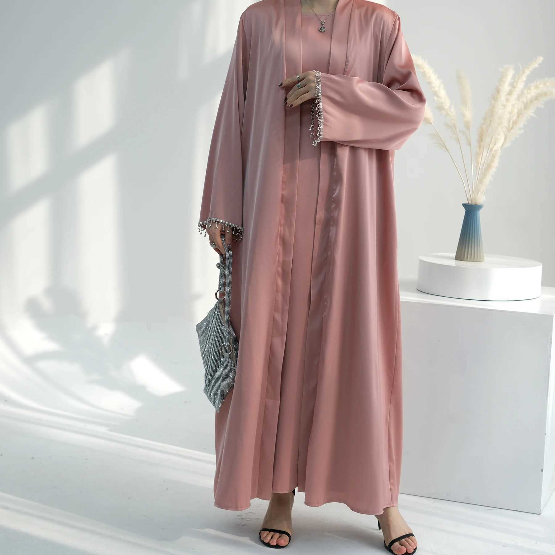 Diamonds Tassel Muslim Women Matching Outfits Kimono Open Abaya Dress 2 Pieces Set Satin Jalabiya Islamic Kaftan Ka Ramadan X250514