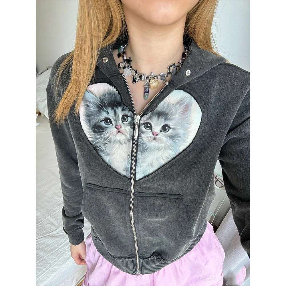 Y2k Retro Old Love Kitten Splicing Hoodie Temperament Hundred With Short Woman Sweatshirts 2024 Winter New Designer