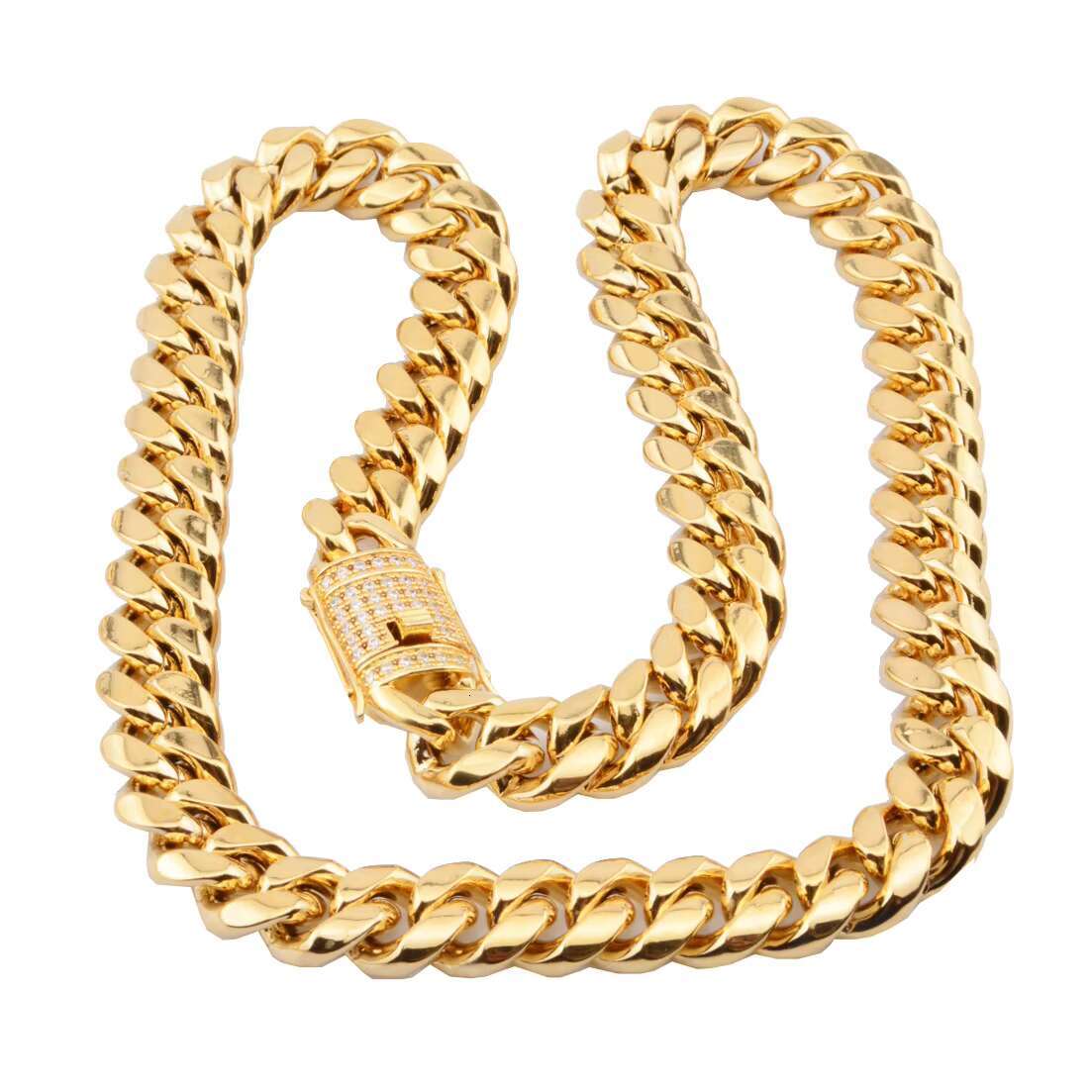 18K Gold Plated 16mm 18mm Mens Stainless Steel Cuban Link Chain Necklace Diamond Clasp Heavy Miami Cuban Chain Necklace