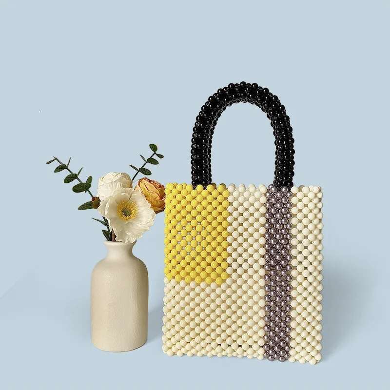 New Color Blocked Handbag Handmade Bead Woven Finished Product Simple And Niche Retro Hand-Held Small Square Bag