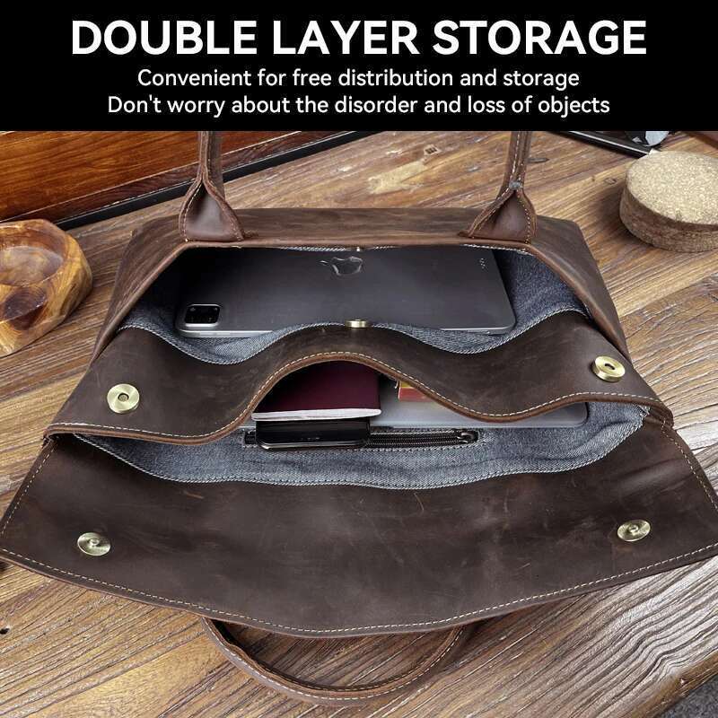 Retro Men's Briefcase Genuine Leather Handbag Top Layer Cowhide Business Tablet Bag Slim Clutch For 16-Inch Laptop