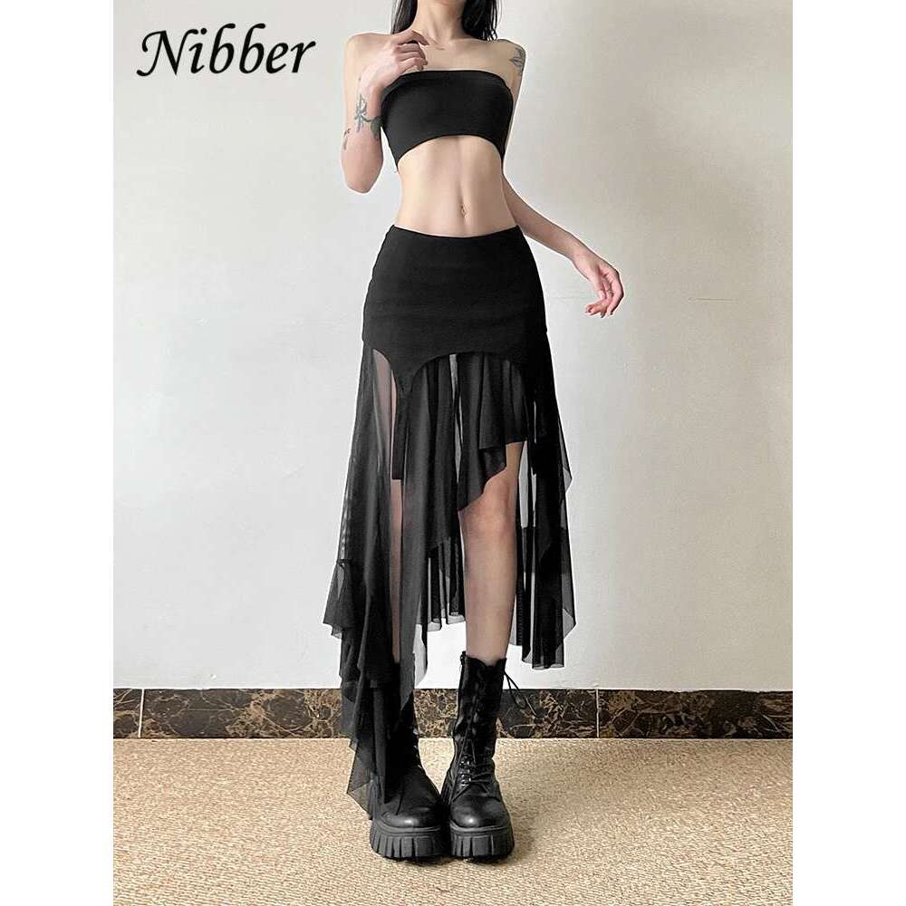 Nibber 2024 Summer Solid Color Simple All-Match Casual Sexy Fimbriate High Street Trendy Cool Women's Laminated Ruffled Skirt