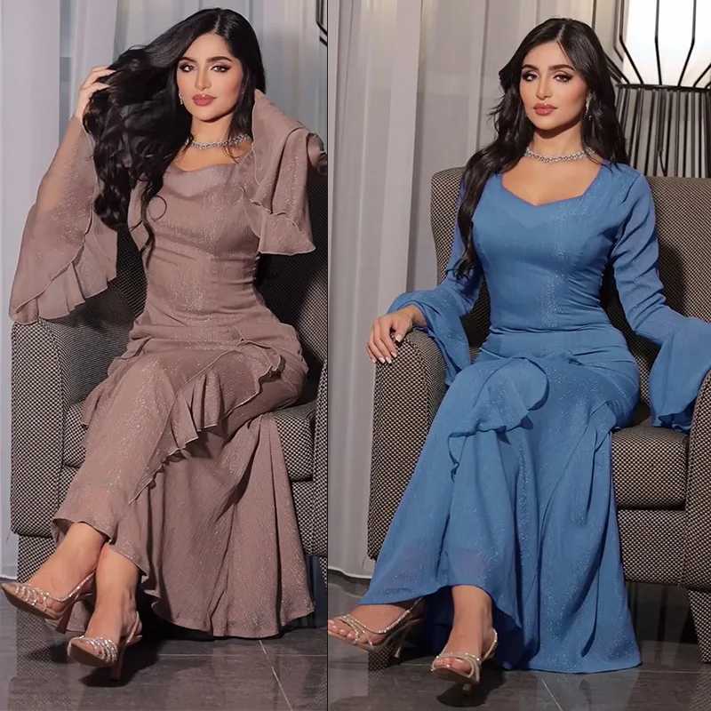Fashion Muslim Women Ruffle Evening Party Maxi Dress Dubai Abaya Turkey Kaftan Eid Djellaba Islam Jalabiya Caftan Marocain Femme X250514