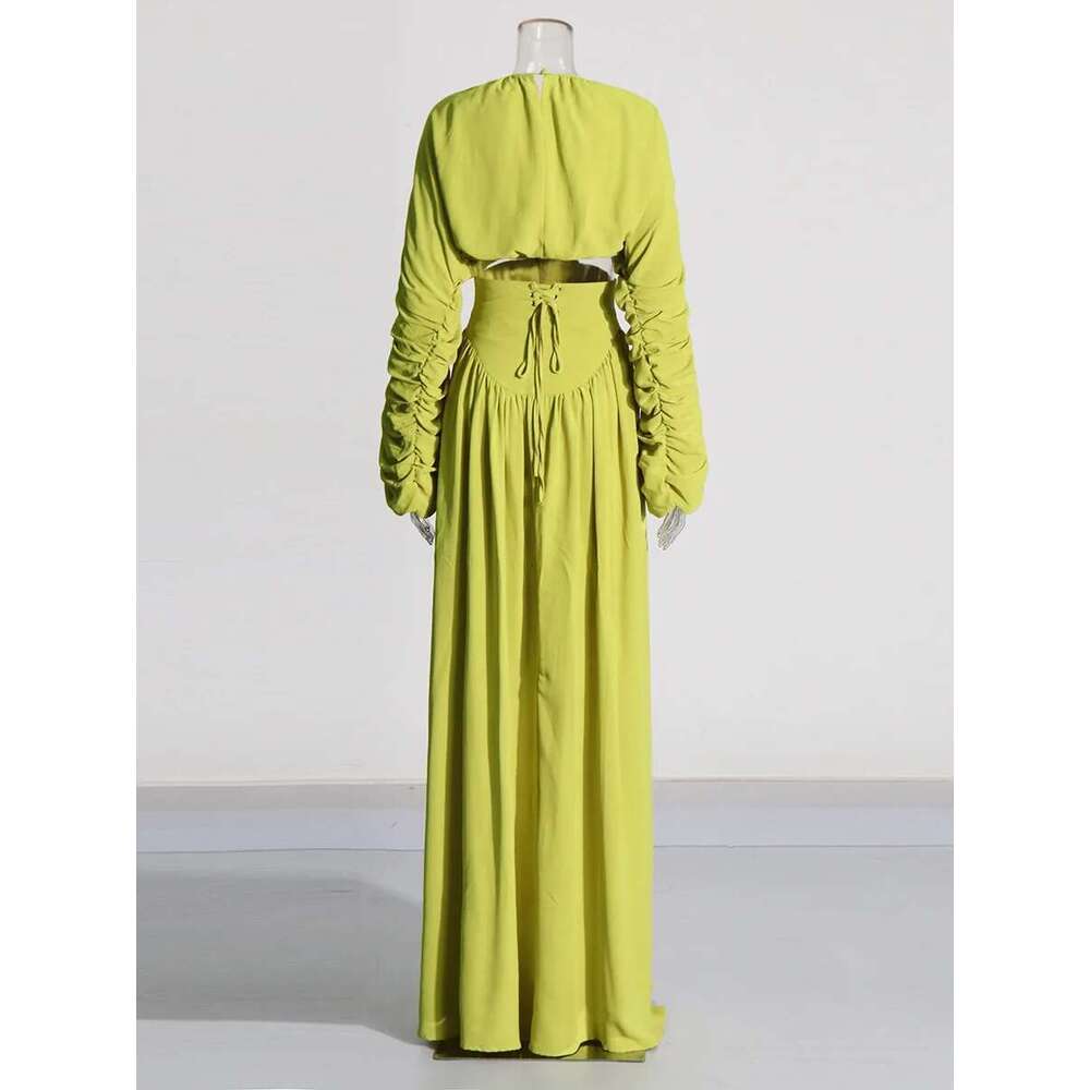Getspring Women 2024 Autumn Fashion Round Neck Pleated Full Sleeve Short Top High Waist Long Skirt Two Pieces Sets