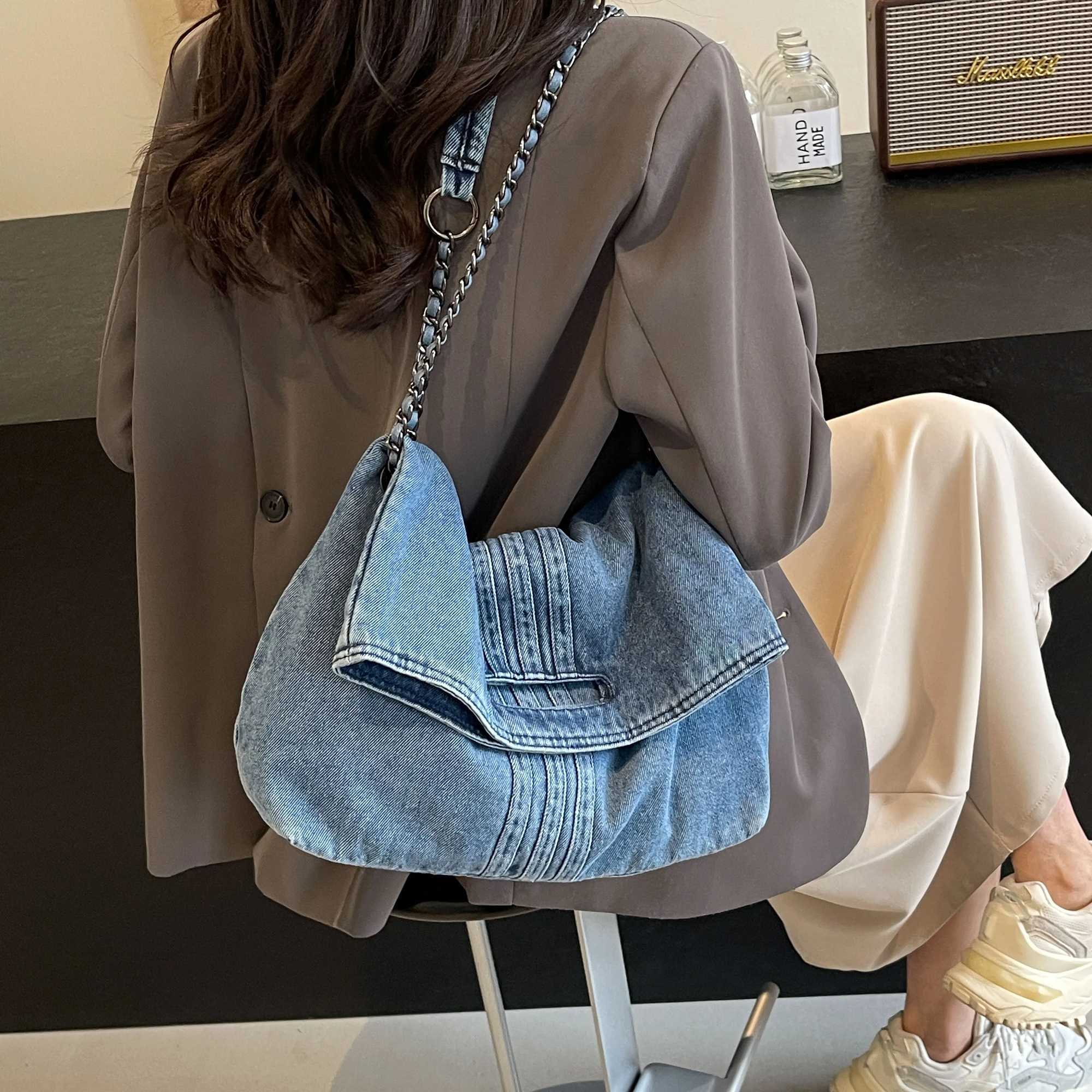 Denim womens bag Korean version slant span shoder bag Tote bag Japanese niche lazy womens large capacity cm Z250514